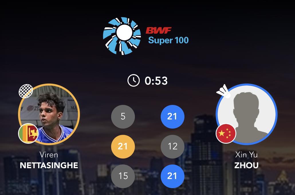 周新宇🇨🇳 21-5、12-21、21-15 🇱🇰内塔辛格下轮：周新宇?