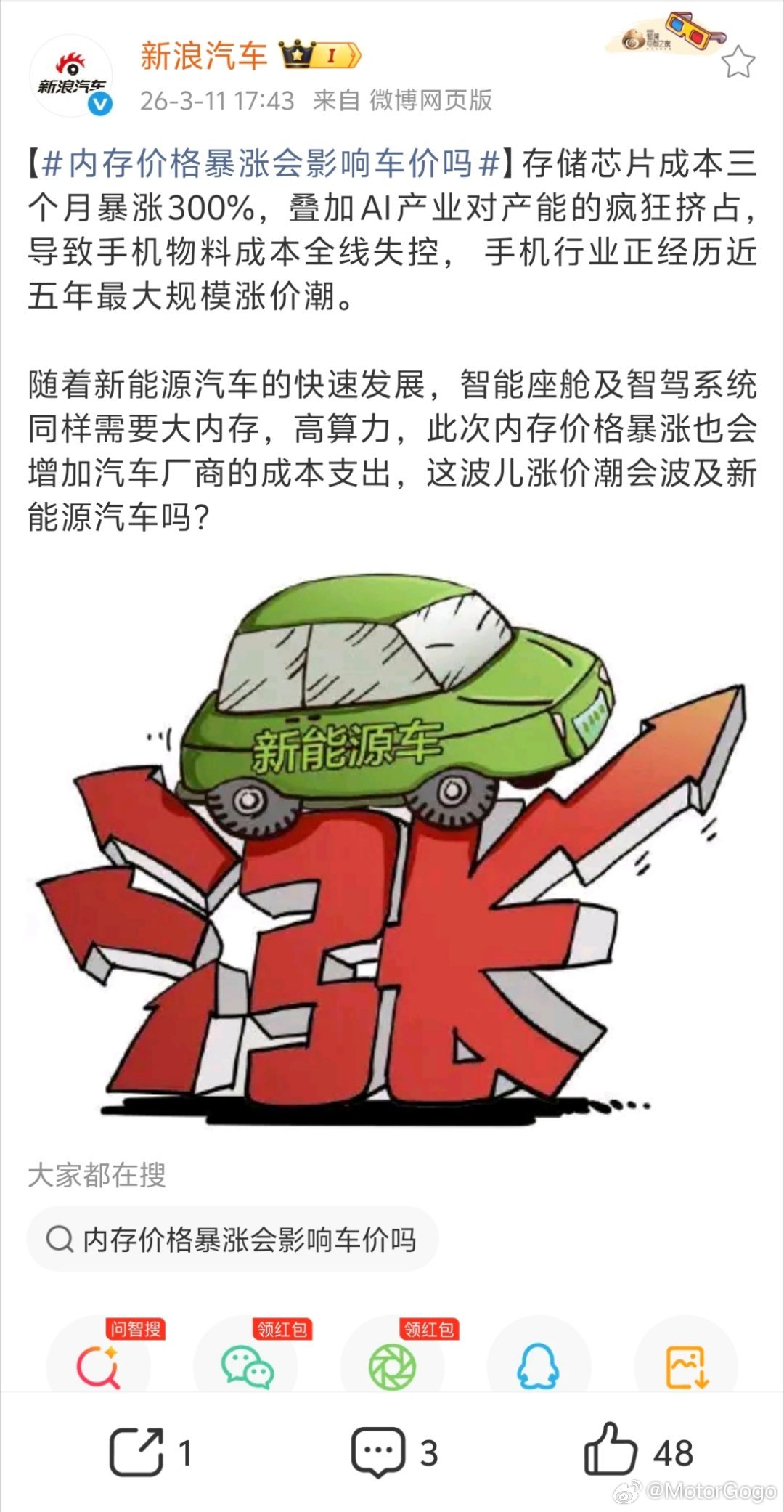 内存价格暴涨会影响车价吗对新能源车价格的影响是必然的。如今的新能源车智能化程度越