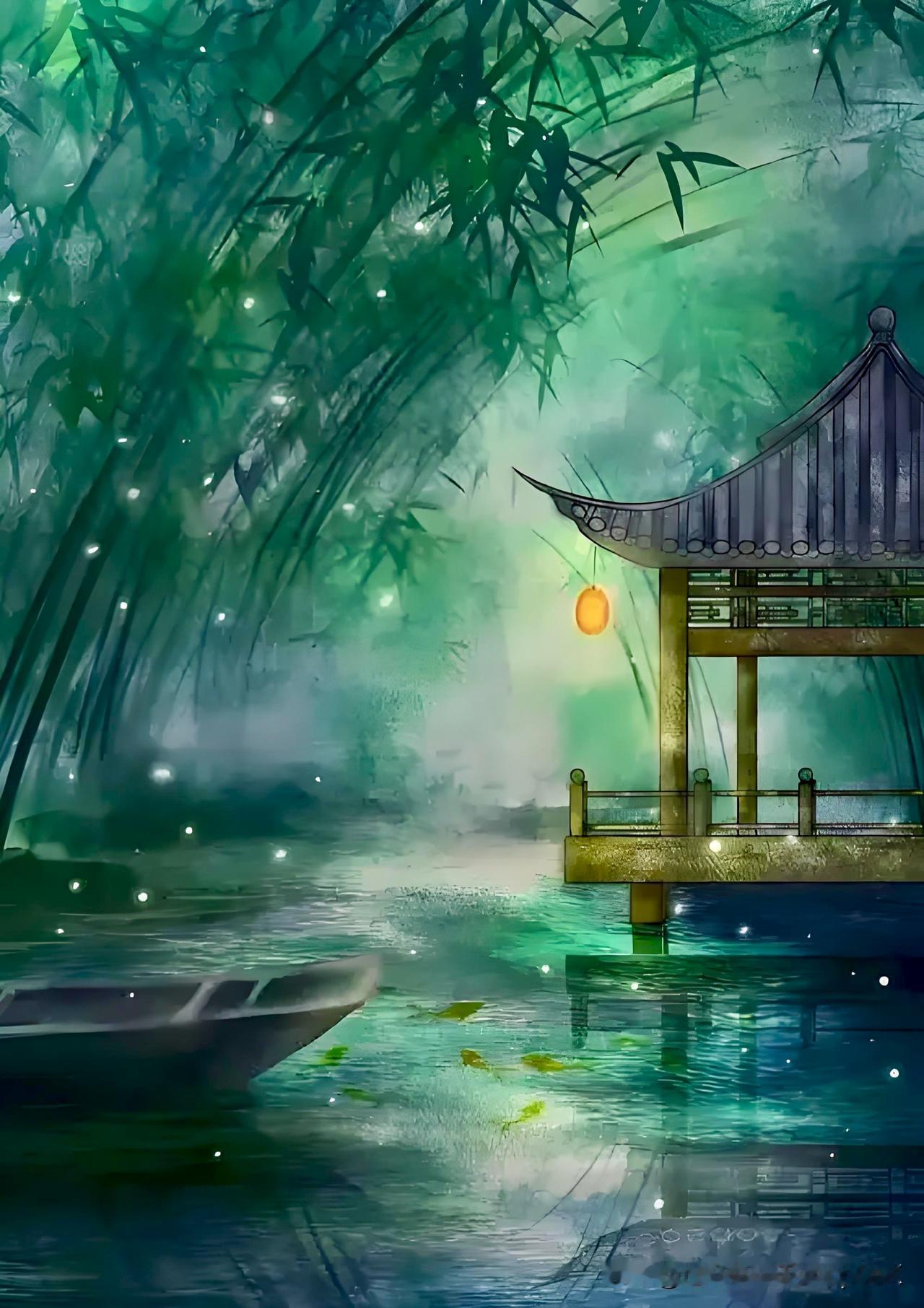《夏夜》
——清·周熙元
芰荷圆盖擢青青，
蓼草深丛聚晚萤。
风露渐凉人散后，