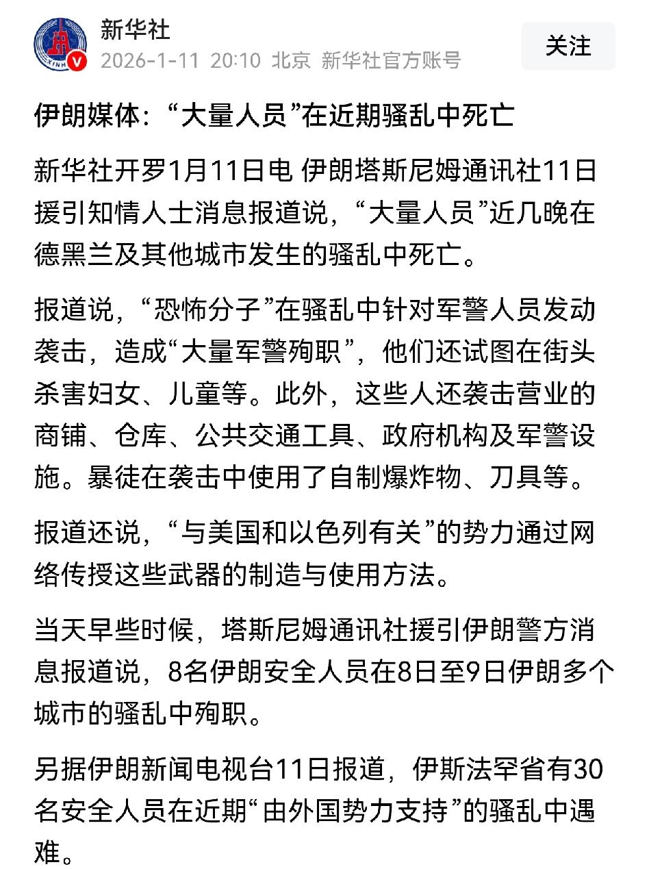 大量人员死亡，大量军警殉职，其中包括不少政府安全人员，这是官媒关于伊朗骚乱的权威