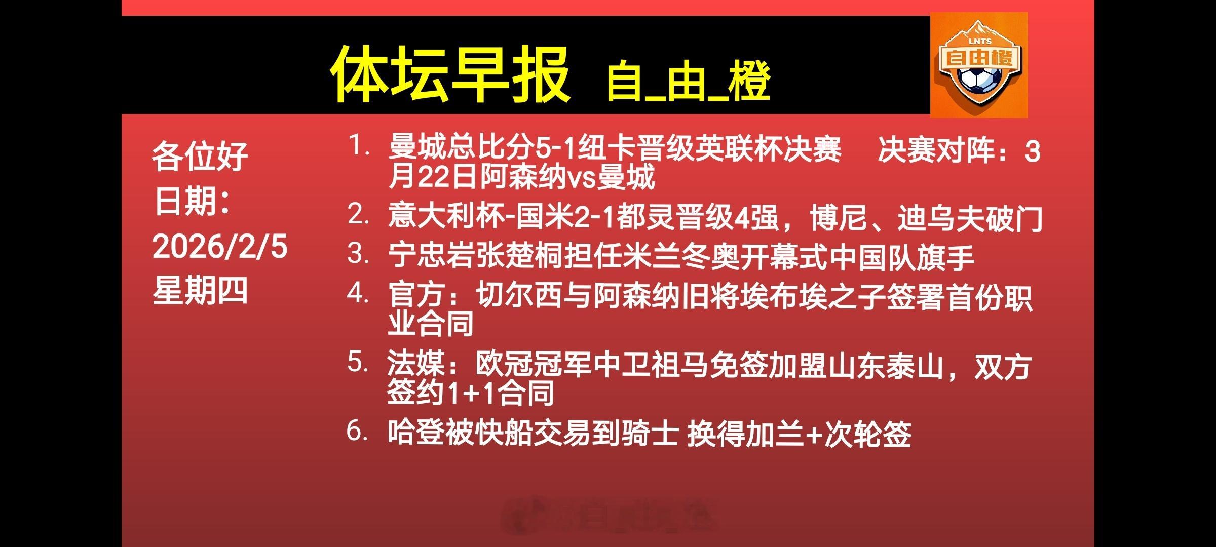 早安自由橙！自由橙体坛早报每日橙语
