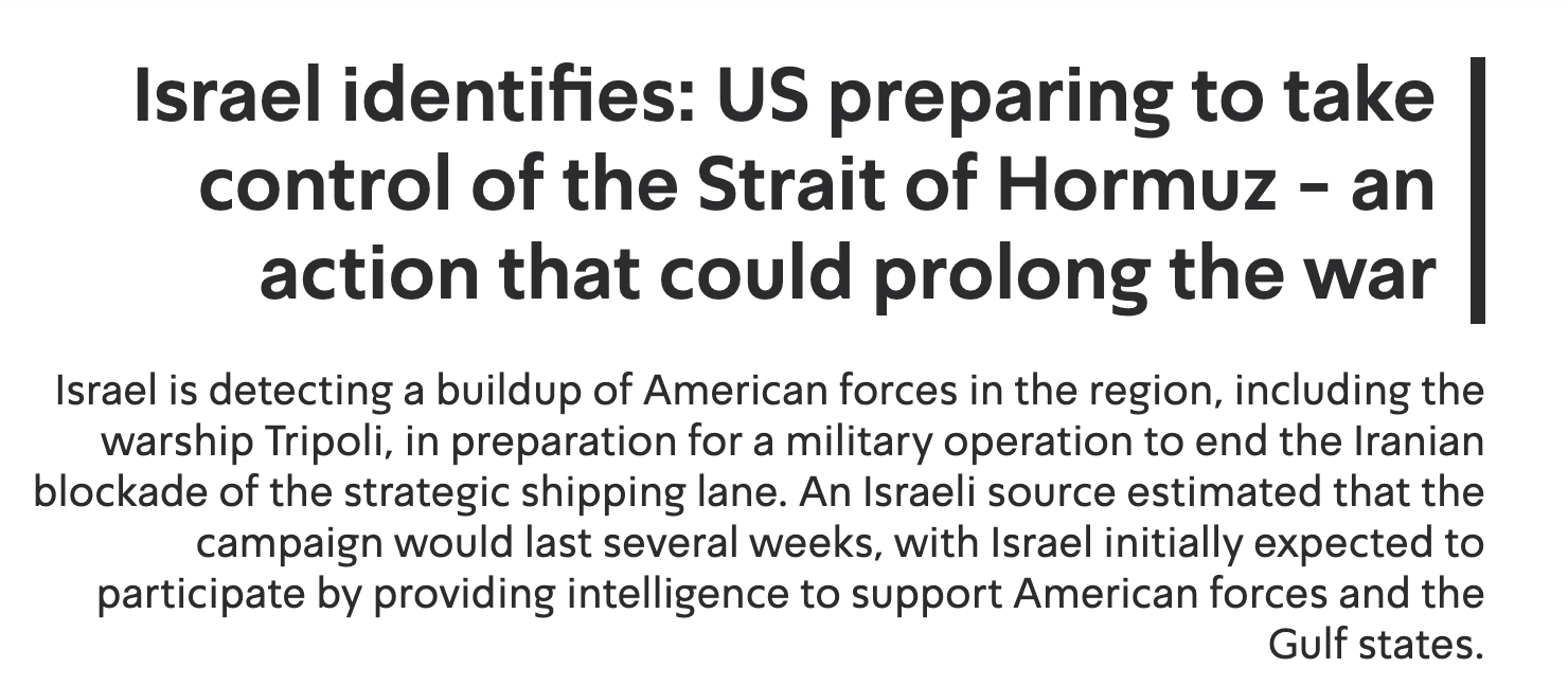 🔻以色列通讯社报道，以色列官员称，美军正在准备对霍尔木兹海峡发起登陆冲滩行动，