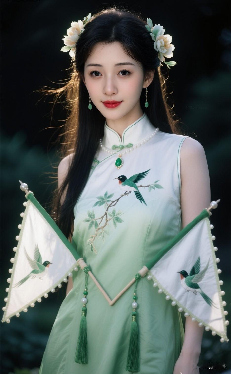 优雅旗袍少女，绿意盎然，清新脱俗