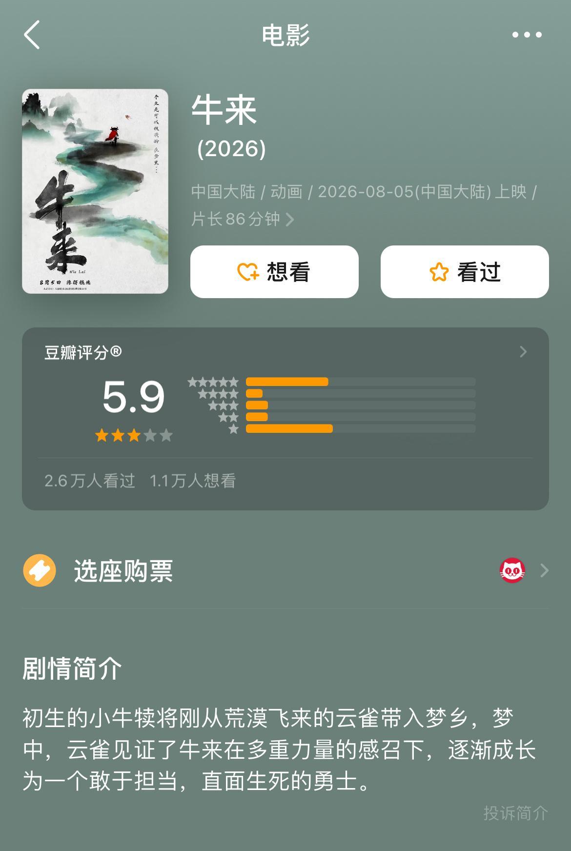 《牛来》豆瓣开分5.9，口碑两极，五星和一星激烈对垒。 