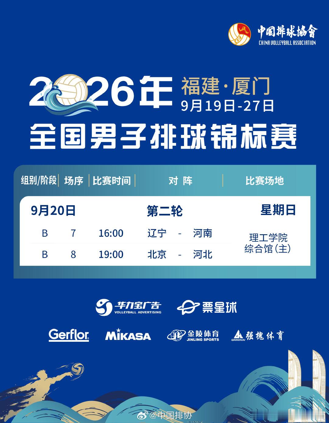 9月20日，2026年全国男排锦标赛 将展开小组赛第二轮争夺。赛程👇 ​​​ 
