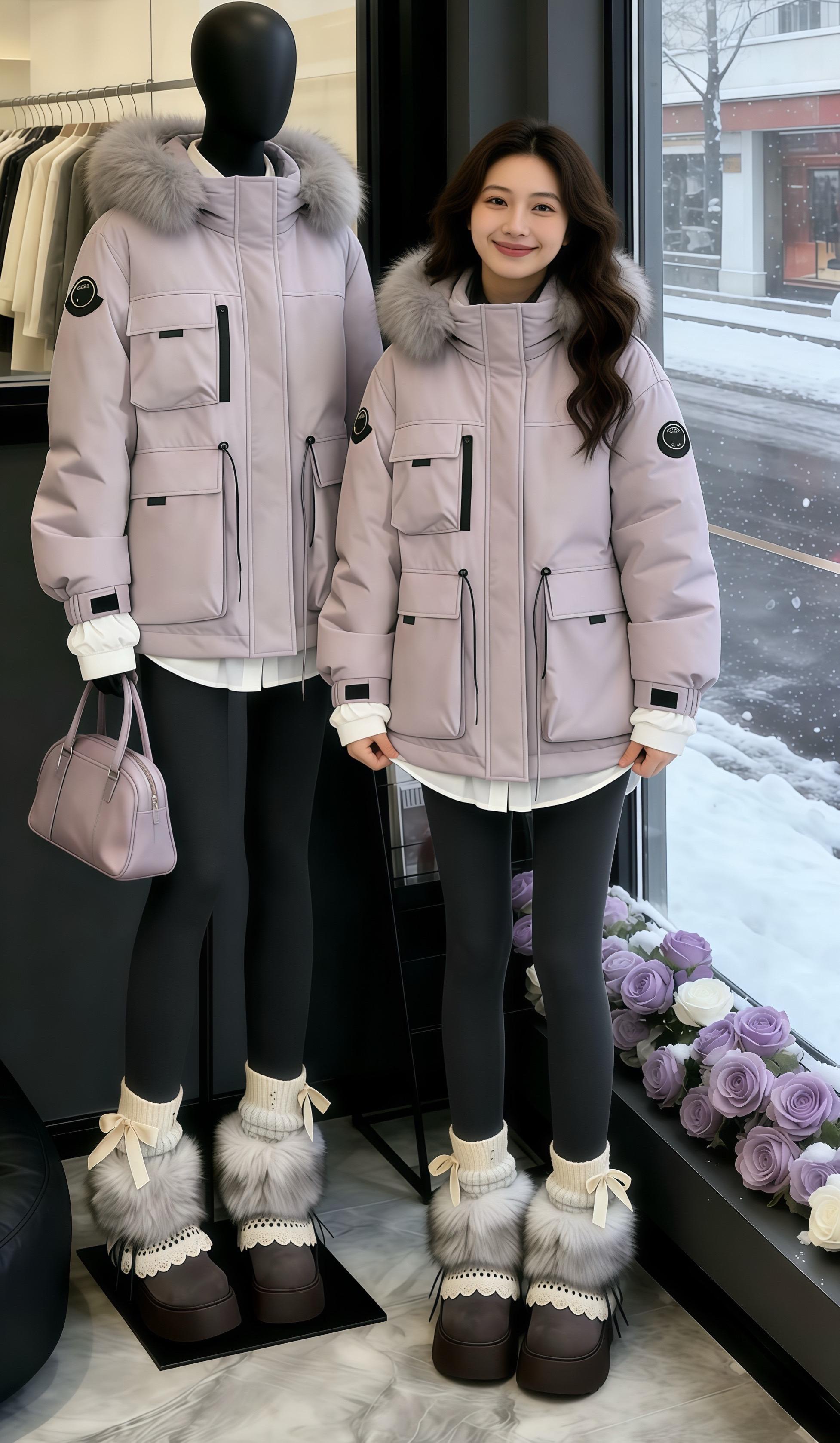 冬日探店甜酷风拿捏！内搭白衬衫+深灰紧身裤利落显瘦，带毛边蕾丝的厚底雪...