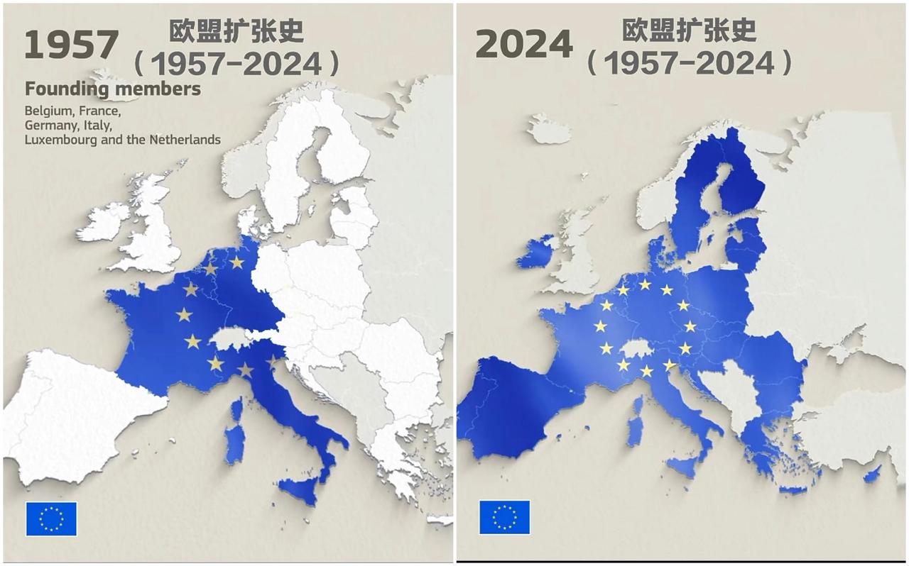 欧盟起源于1951年六国煤钢共同体（法国、西德、意大利、荷兰、比利时、卢森堡），