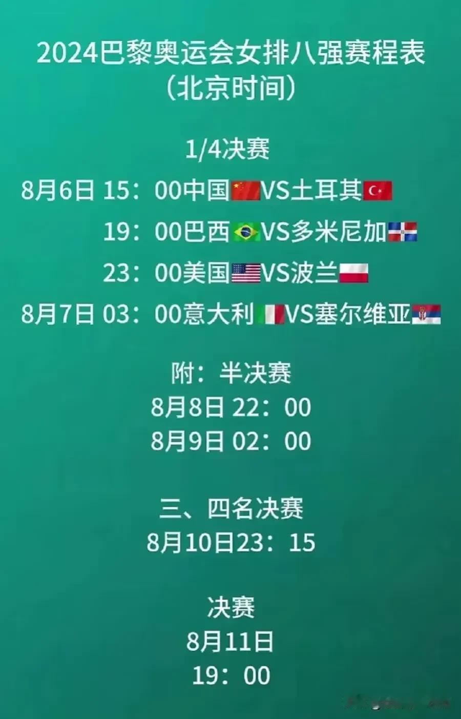巴黎奥运会女排八强赛后赛程出炉，球迷看到这样的时间安排，戏称这就是为中国球迷量身