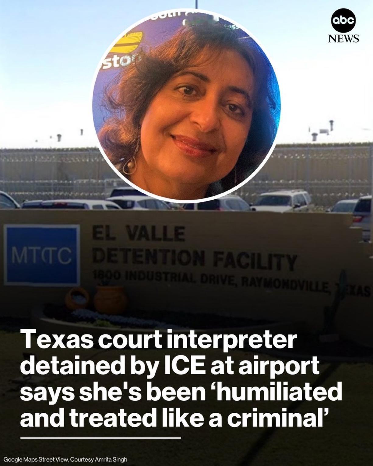 一名长期担任德克萨斯州法院口译员的女人，在被联邦移民官员拘留后被关押在联邦拘留设