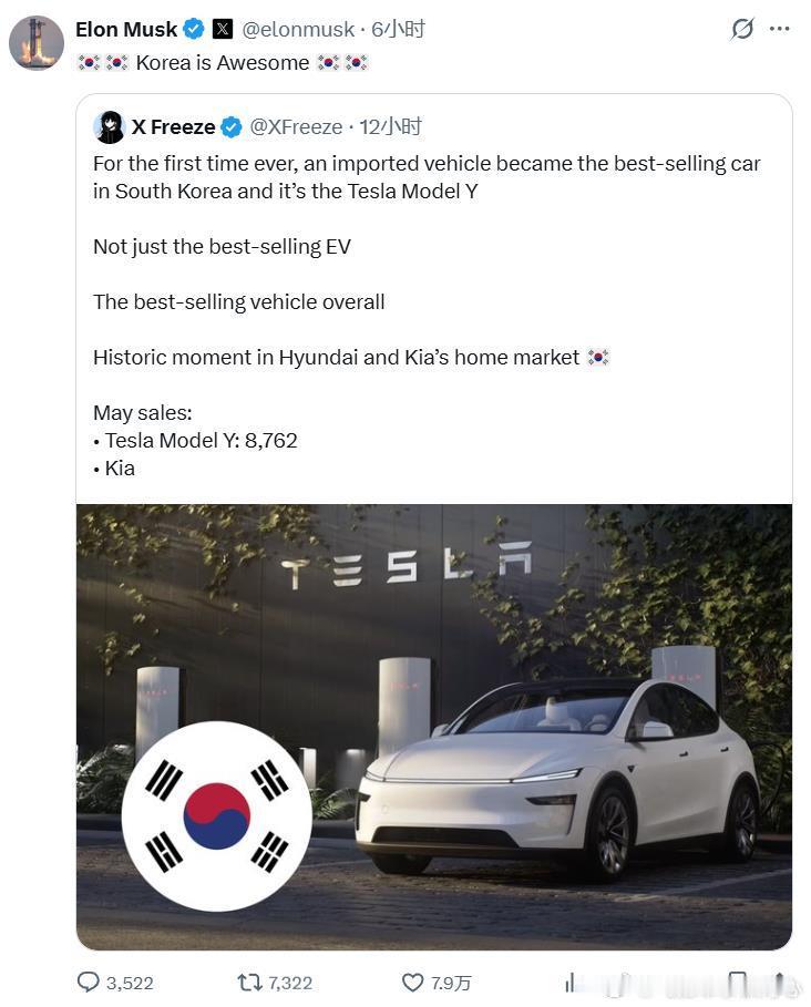 特斯拉Model Y成为韩国最畅销汽车，不仅是最畅销的电动车，还是韩国市场销量第