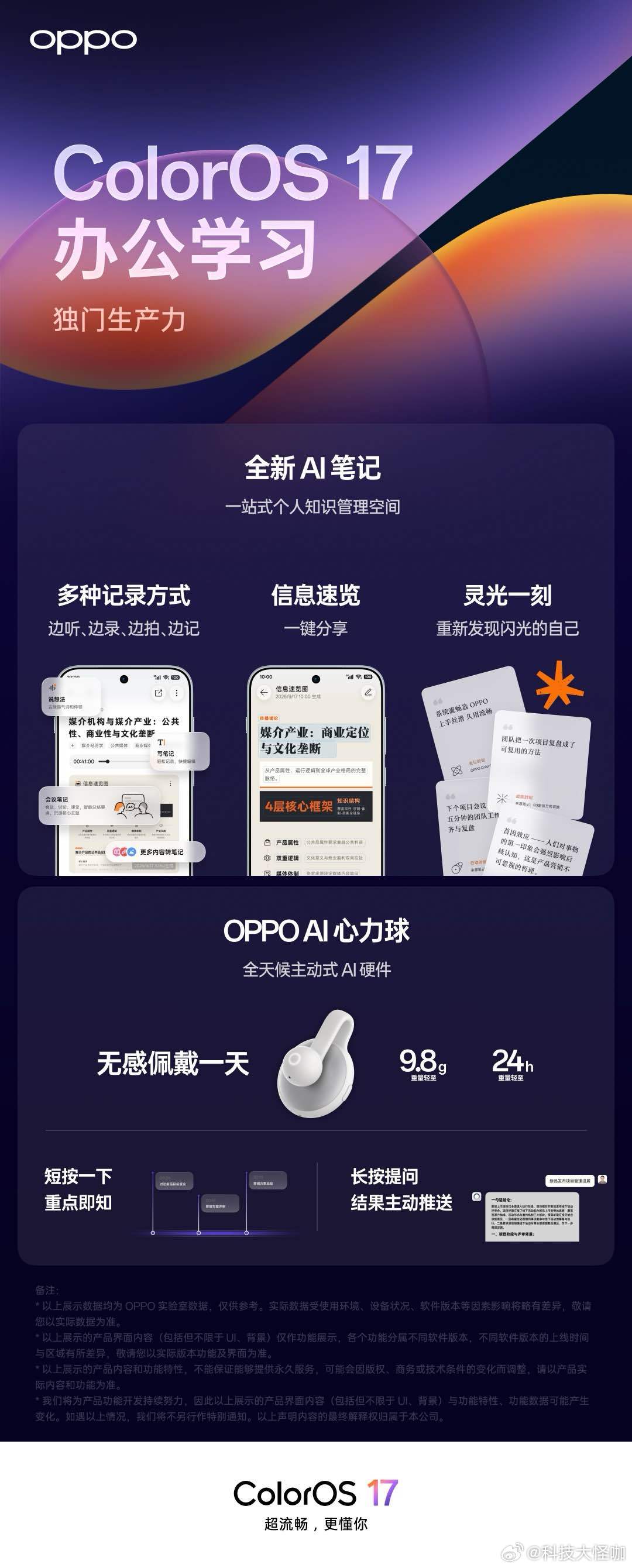 ColorOS 17 推出「AI 笔记」，打造一站式个人知识管理空间。支持写作、