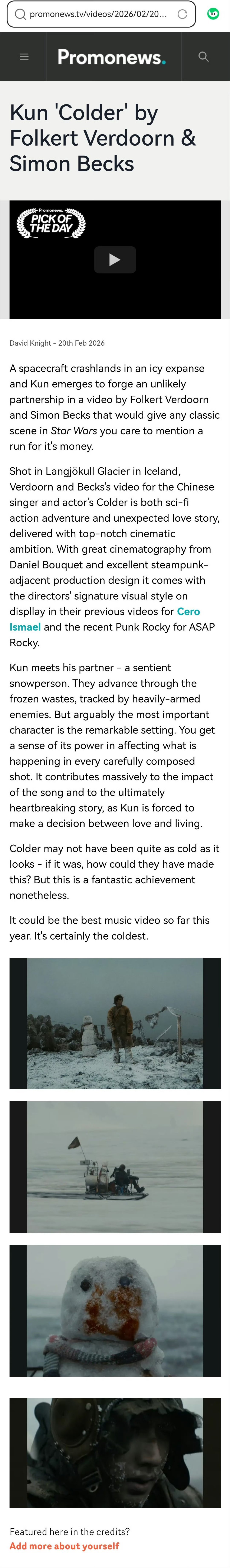 蔡徐坤MV获奖于极寒之地，叙心底温柔。蔡徐坤原创影像作品《Colder》，摘得第