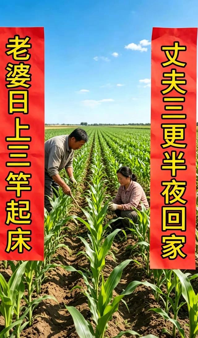 上联：老婆日上三竿起床
下联：丈夫三更半夜回家
横批：天道酬勤。