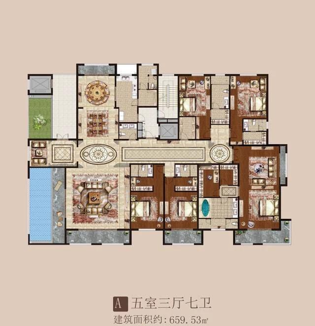 660.45平米的华丽的户型，卧室相当阔绰，全部自带明亮窗户的卫生间。还有一个高