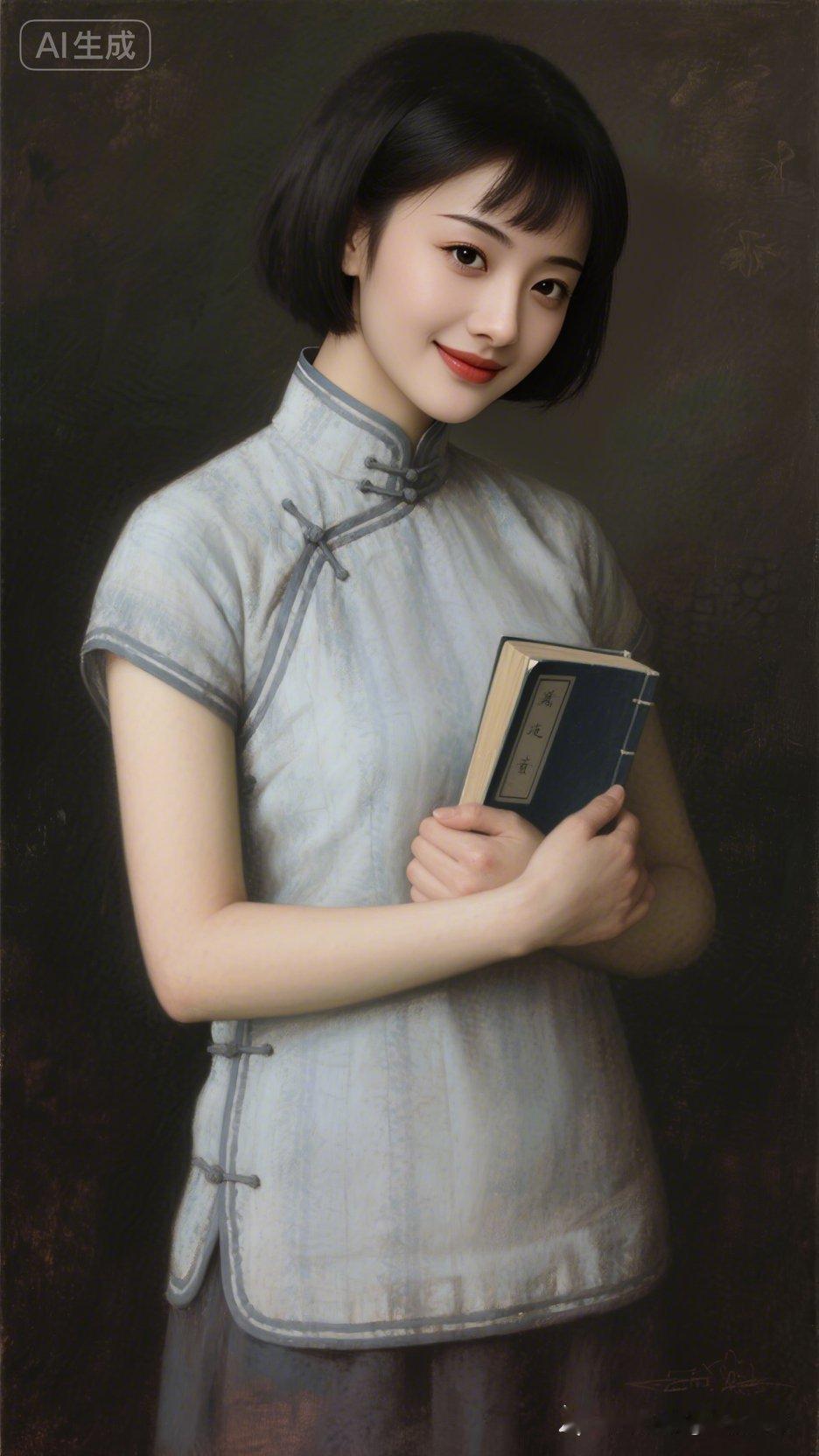 复古旗袍美人，手持书籍，优雅动人。