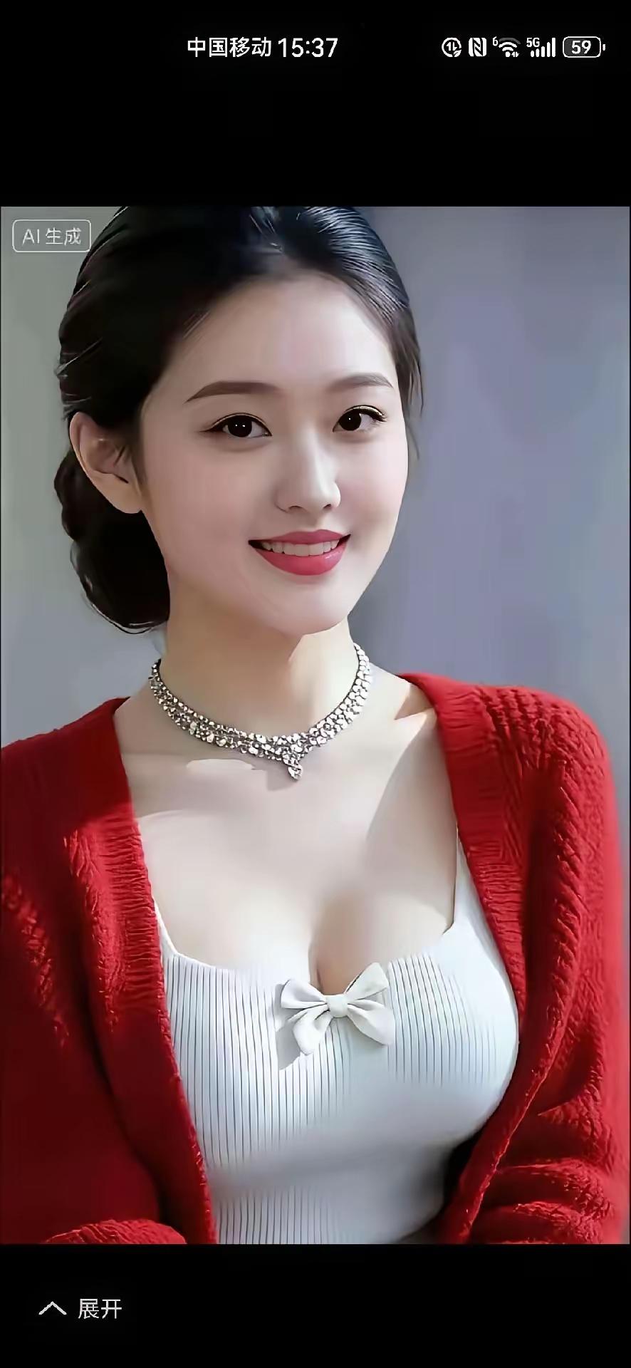 甜美笑容，优雅气质，红衣白裙，闪耀项链，完美搭配！💖✨