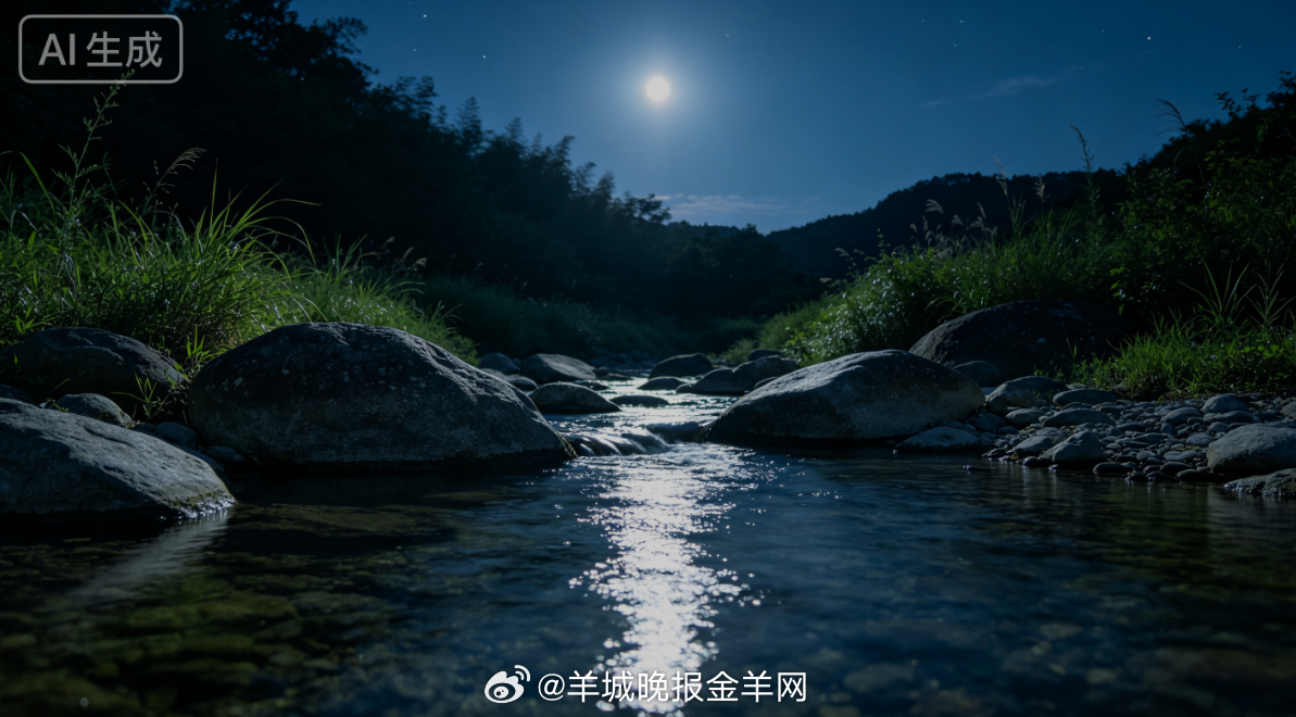 #晚安# 月光落在安静的溪边石上，水面映着细碎的银辉，夜风轻轻掠过，把一天的燥热