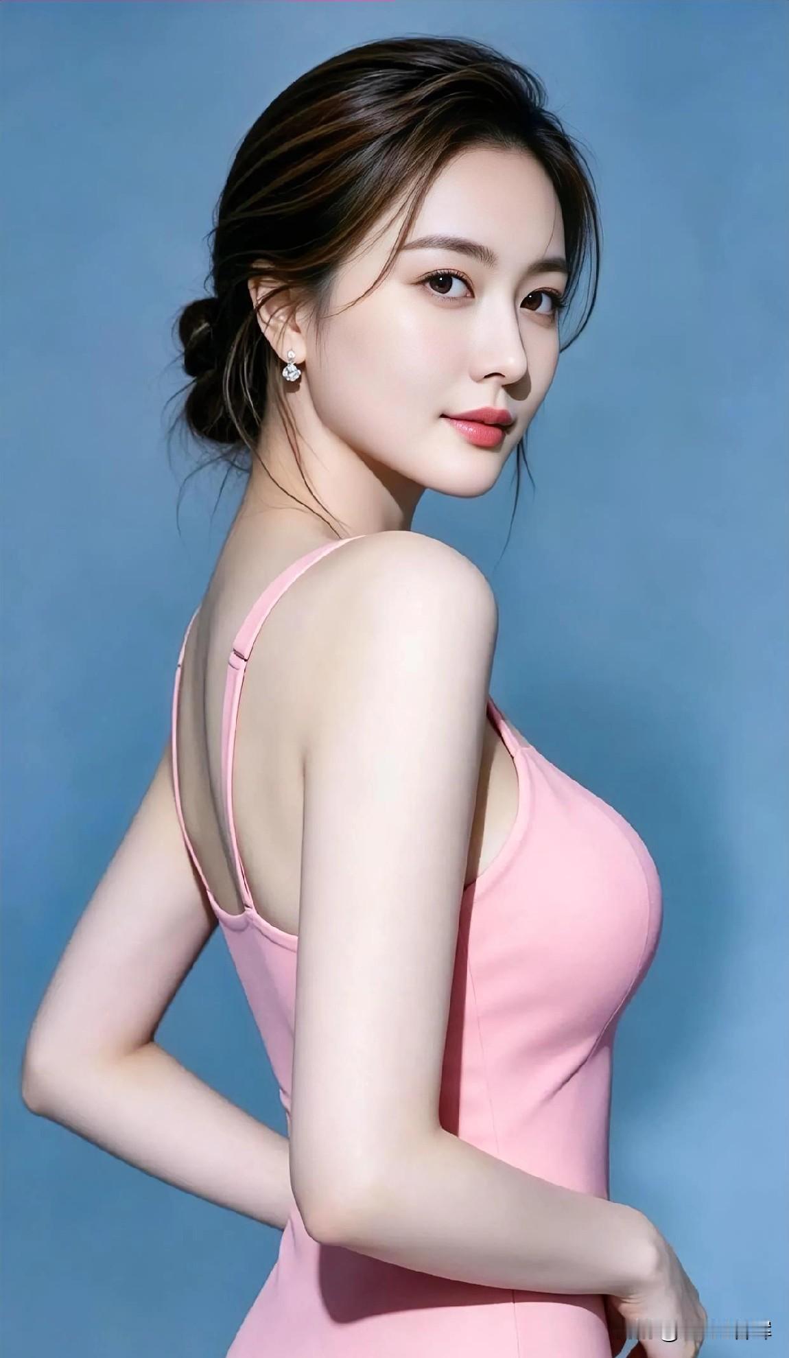 浅蓝为幕，粉裙作序。
松发绾住温柔，回眸漾开清辉。
肩线承着优雅，眉眼藏尽明媚。