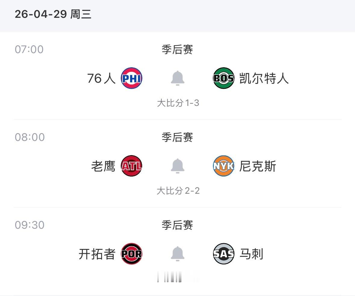【4月29日｜NBA季后赛】———————————————🔥  7:00｜76