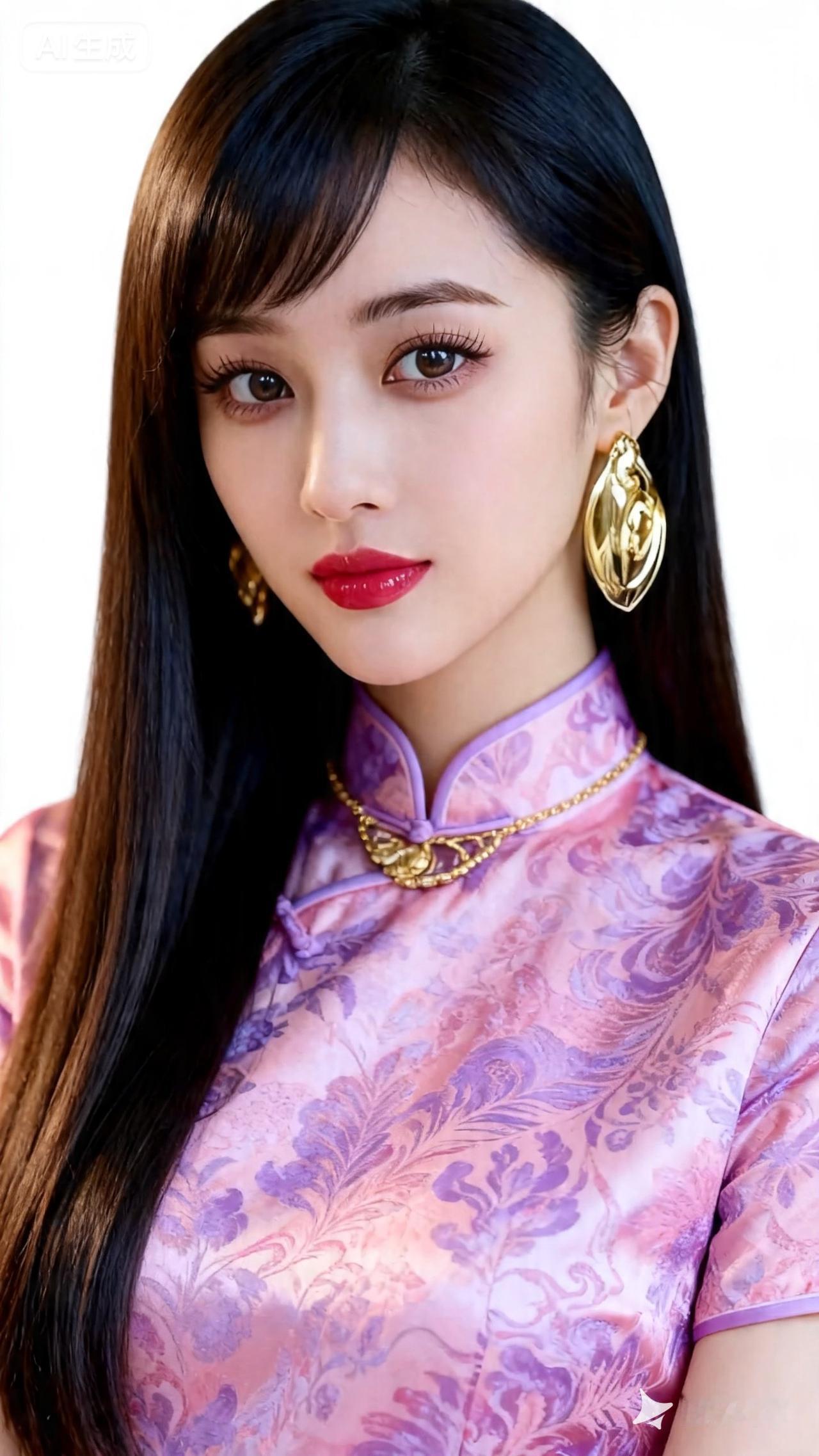 优雅复古风，紫色旗袍搭配金色耳环，尽显东方韵味！