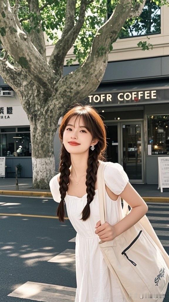 阳光明媚的午后，微笑的少女漫步在咖啡馆前。
