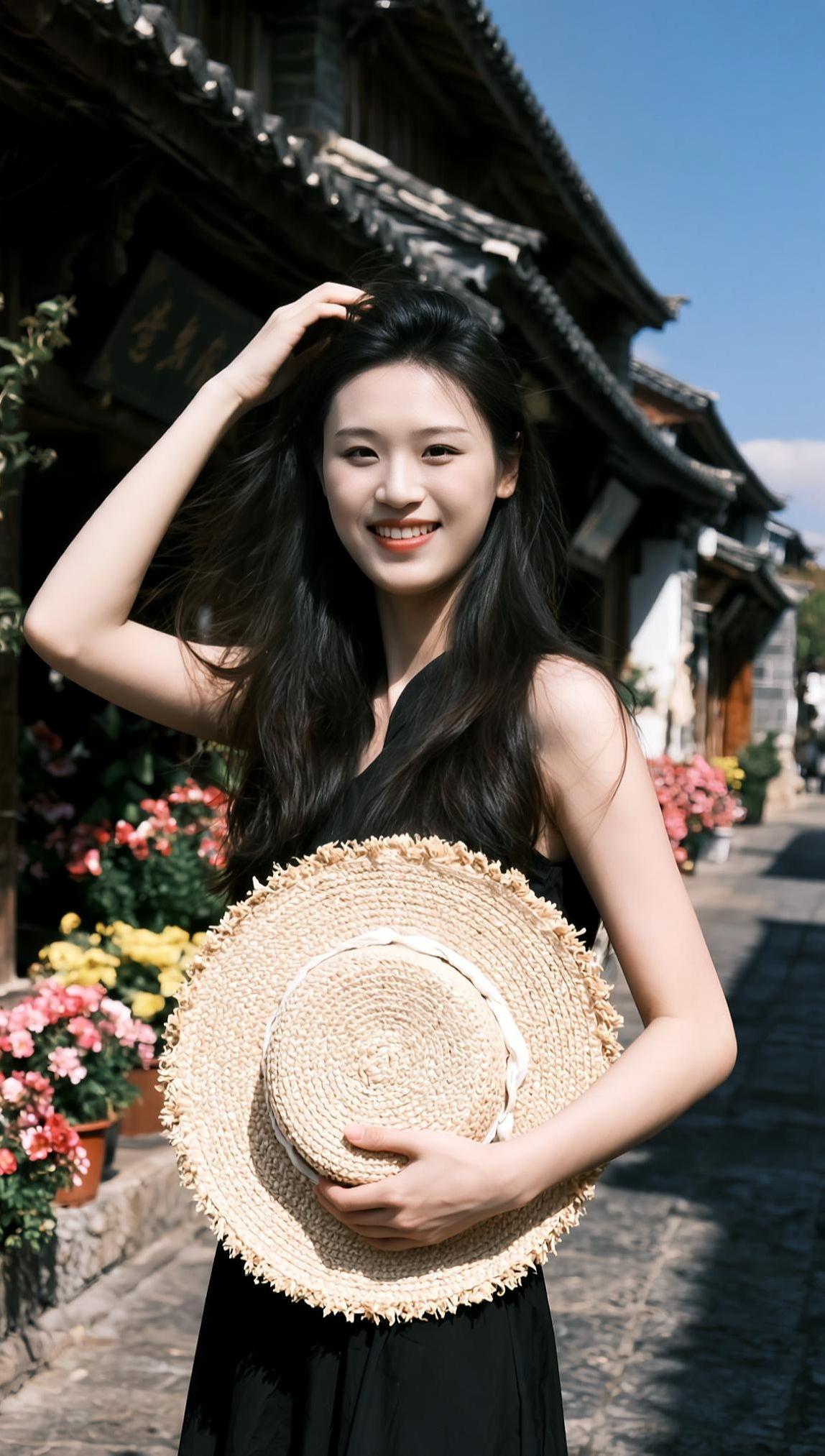 长假旅情
青砖黛瓦巷深深，
风曳繁花醉客心。
一帽轻携云外意，
笑融晴日悠闲情。