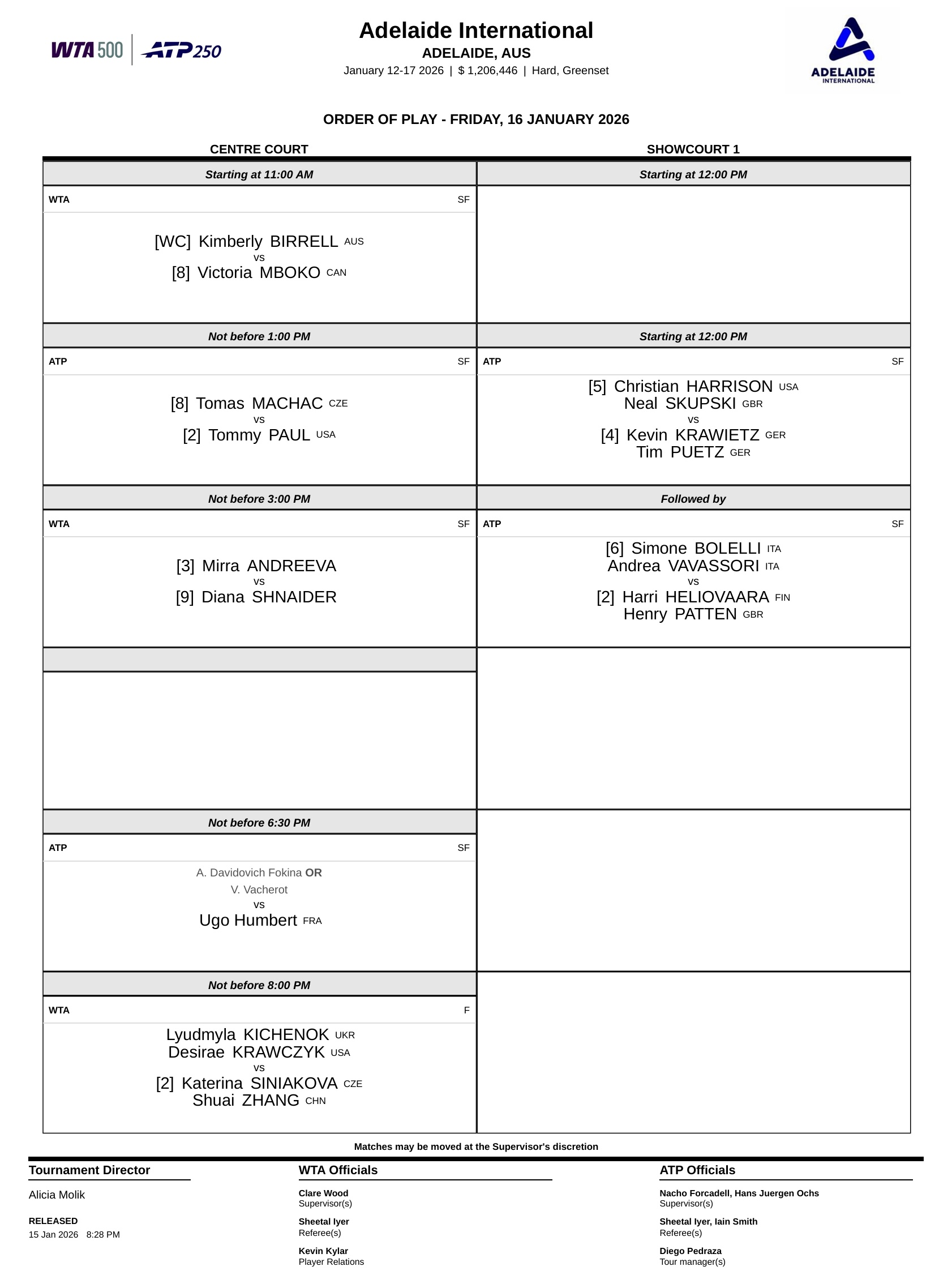 周五赛程📅阿德莱德站、霍巴特站单打半决赛挥拍，张帅组合冲击双打冠军。以下安排均