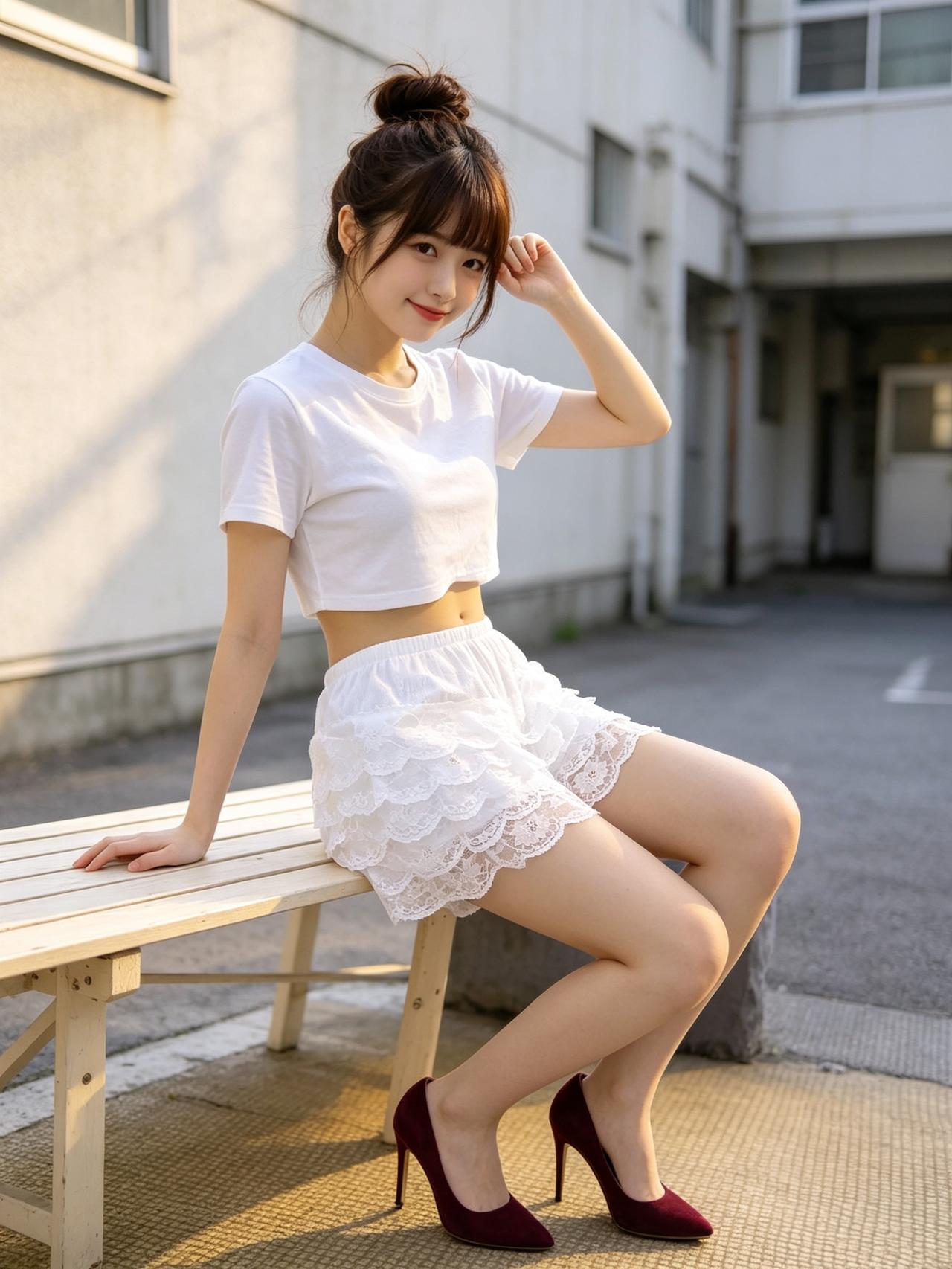 甜美少女风，白色T恤+蕾丝短裙，搭配高跟鞋，阳光下的青春气息 女生怎么穿搭会看上