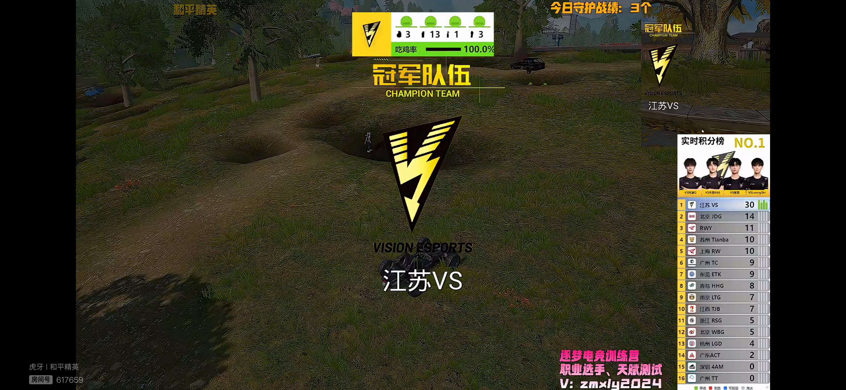 0626晚间训练赛首局，江苏VS以20淘汰强势吃鸡，暂积30分位列实时积分榜第一