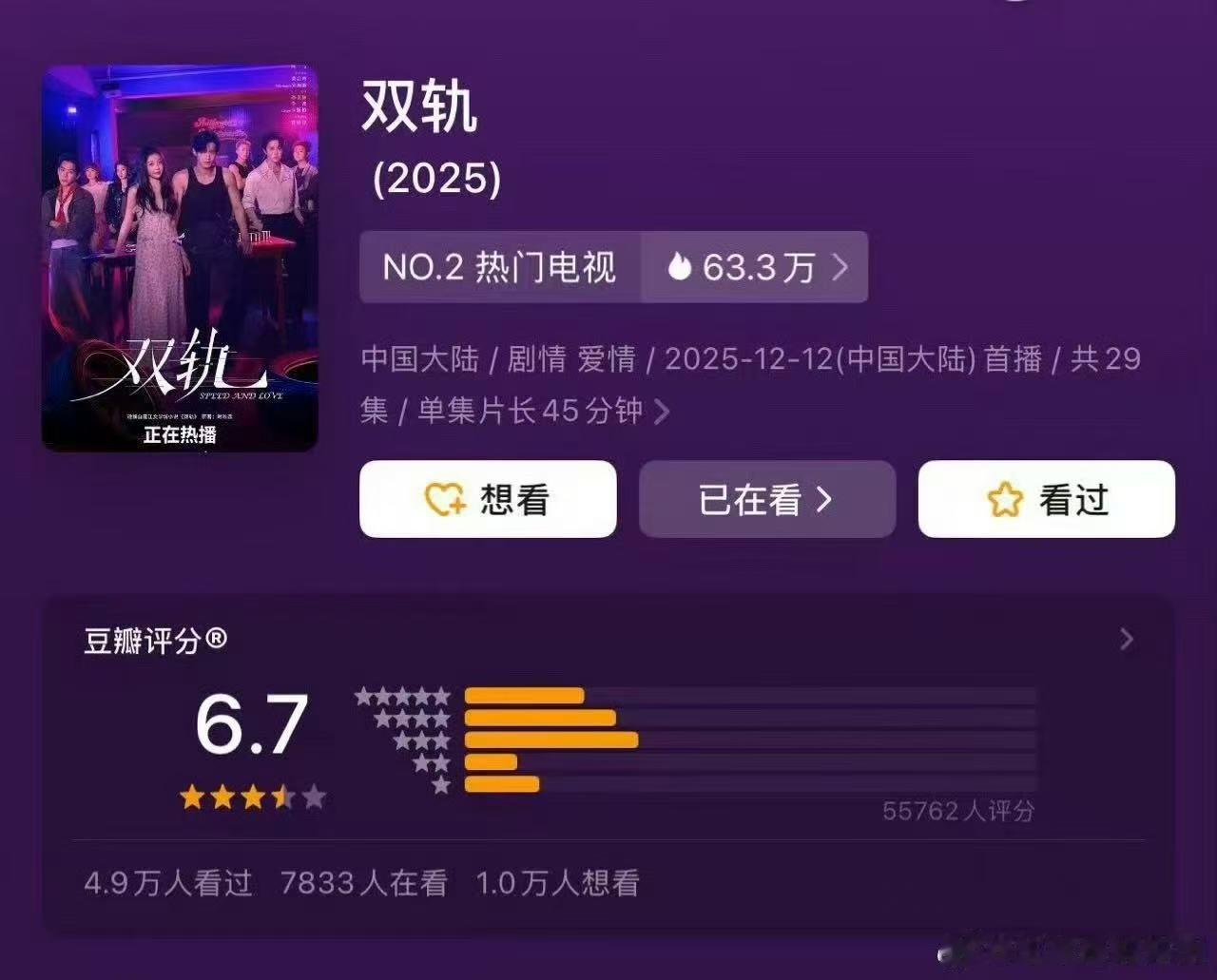 虞书欣何与双轨6.7分 双轨豆瓣开分 