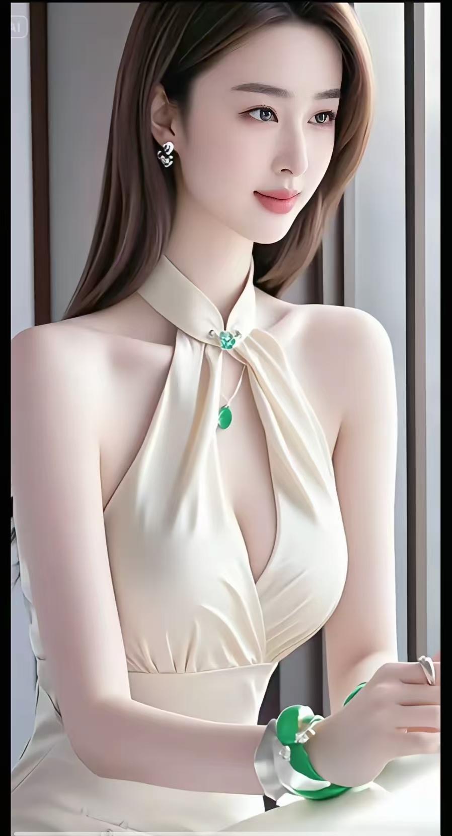 女子气质温润似玉，一身翠色衣裙清雅亮眼，勾勒温婉身姿。眉眼含笑温柔动人，柔光衬出
