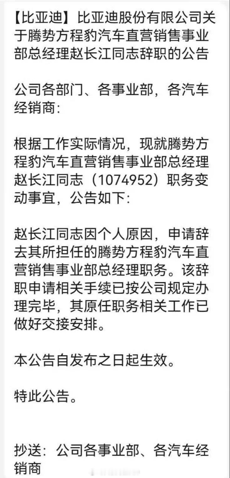 近日，有消息称赵长江因个人原因辞去腾势方程豹汽车直营销售事业部总经理职务赵长江回