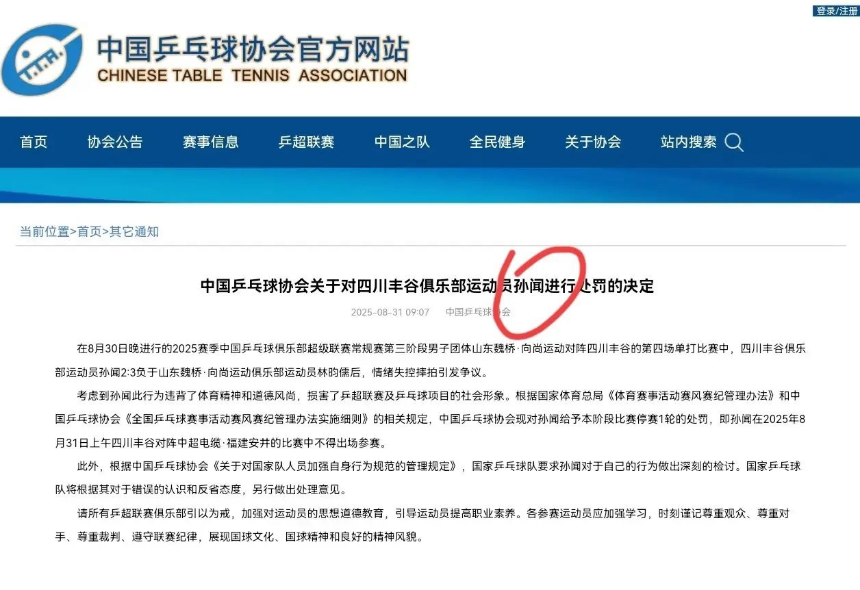 超处罚孙闻赛后在场上摔拍子的行为！确实有点恶劣了哈！但是也只是🈲赛一轮！​看到