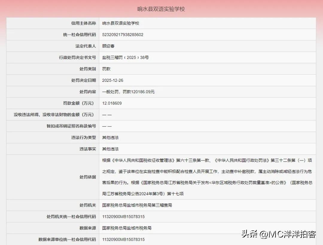 响水县双语实验学校被罚12.018609万元！
