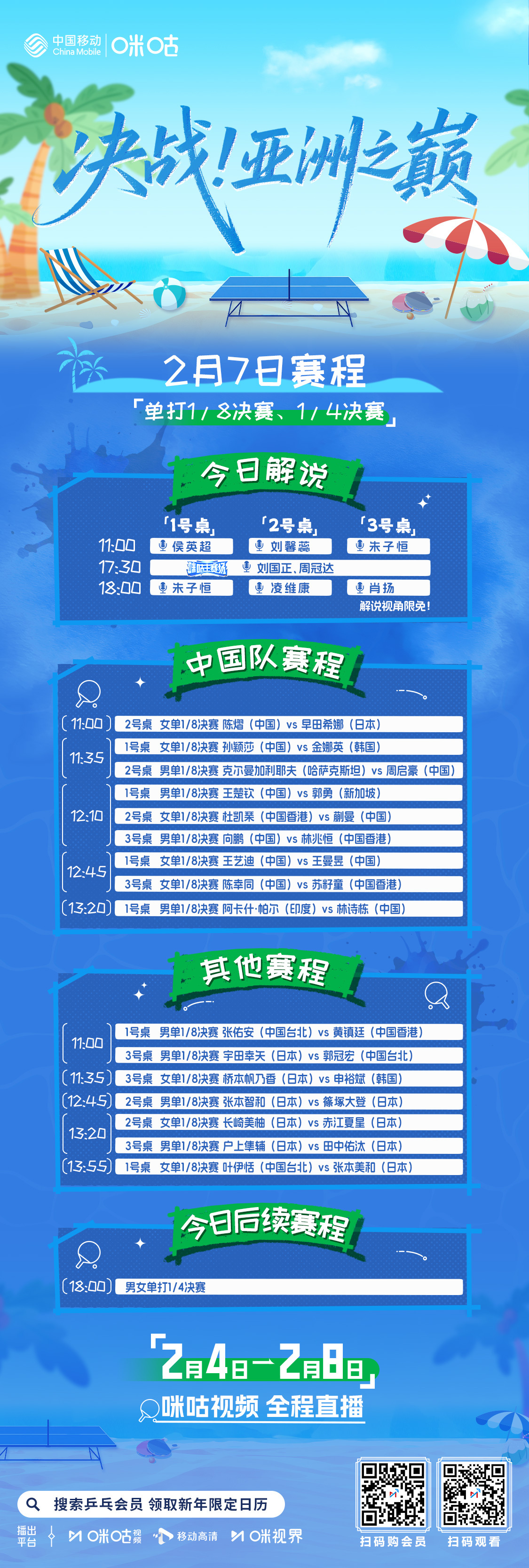 2026乒乓球亚洲杯第4️⃣日☀️ 上午11点 男、女单1/8决赛🎑 晚间18