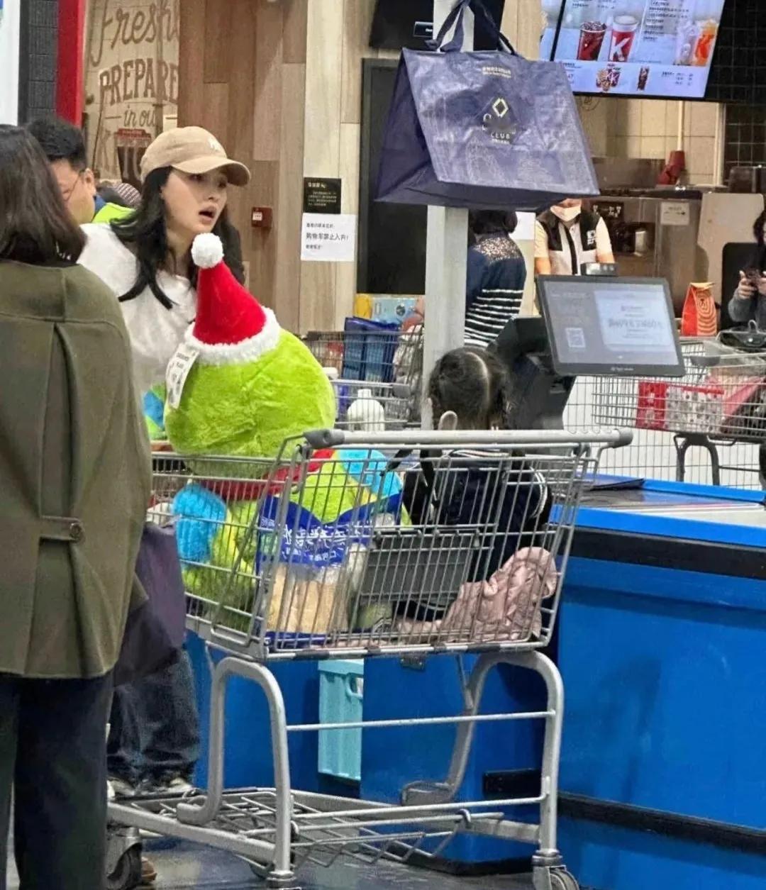 孙怡带着女儿逛超市，看起来应该是独自带着女儿出去，把女儿放在购物车上，女儿也特别