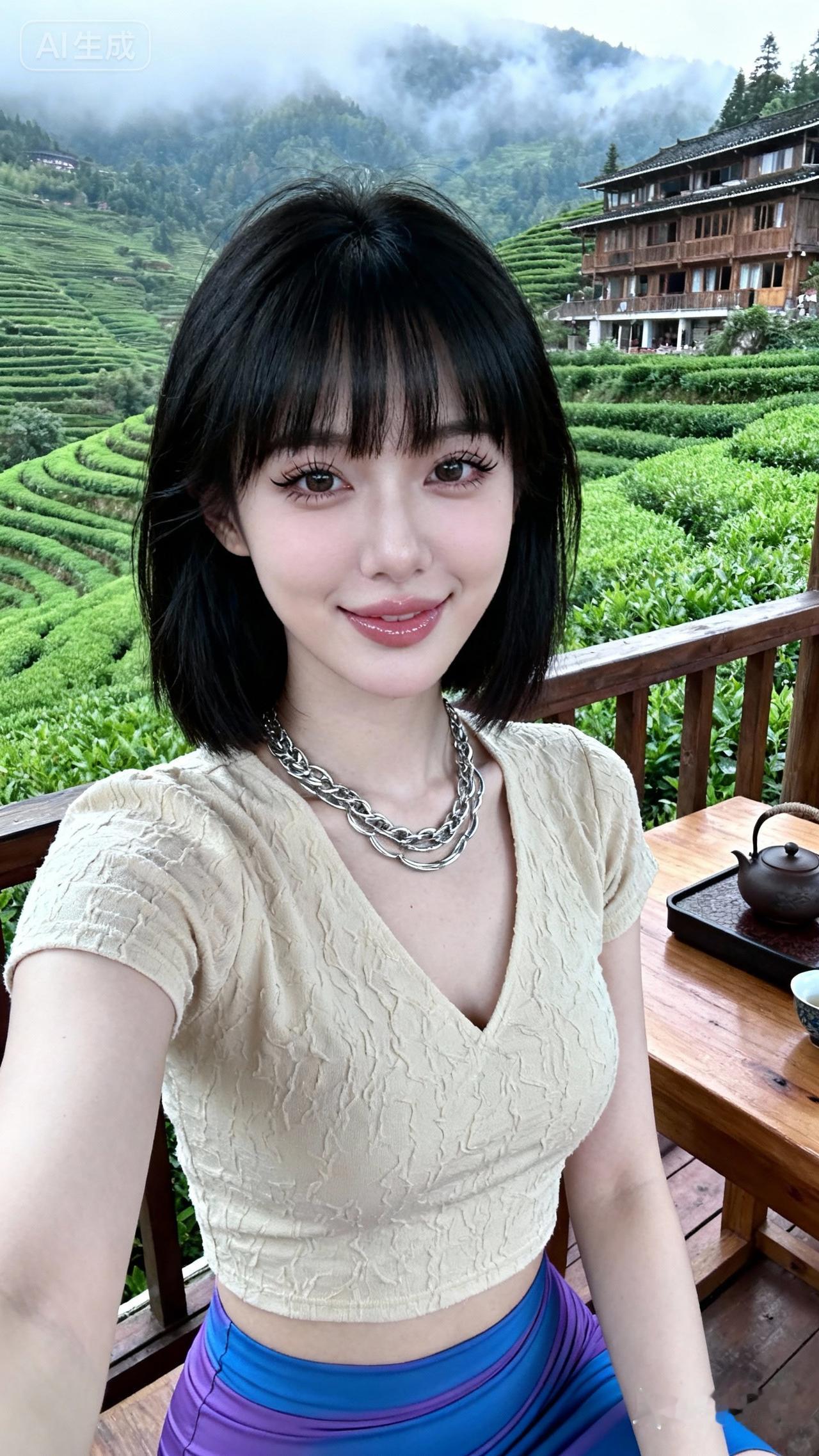 茶园里的少女自拍，清新自然，笑靥如花