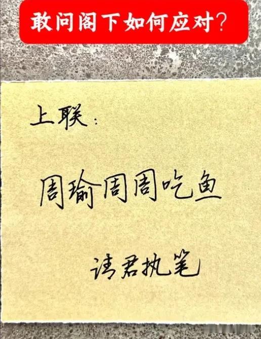 听说高手在民间，阁下如何应对呢？
上联：周瑜周周吃鱼
下联：
请高手对对联[赞]