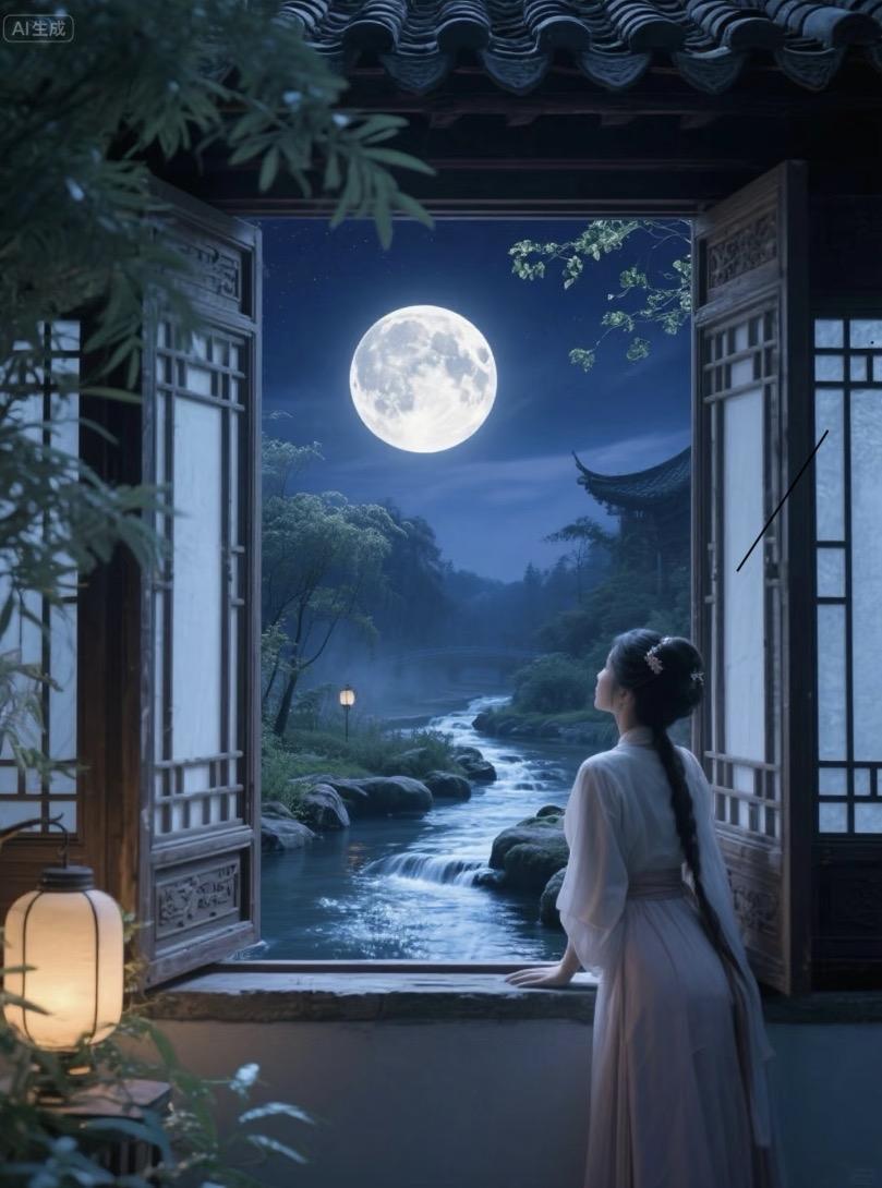 上联：推窗寻月影
下联：负手数峰青