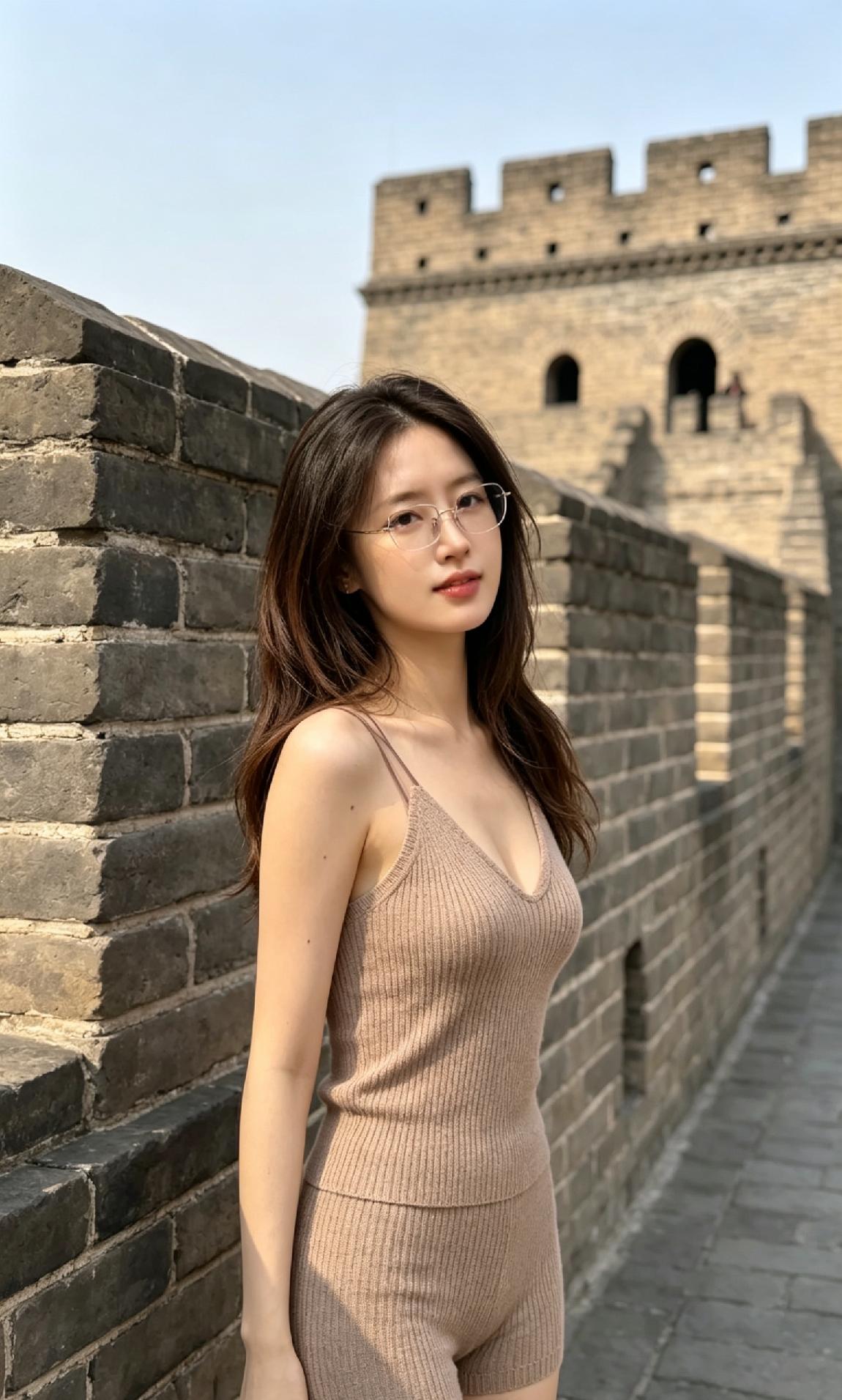 在古老的长城背景下，时尚与历史交融，尽显青春魅力。