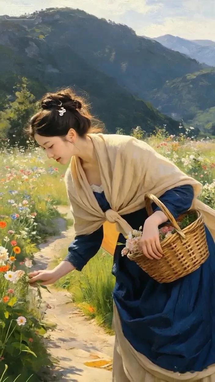 七绝●山上度假/古韵  

阳光绚丽背披纱，
慢步提篮去采花。
度假山庄风景美，