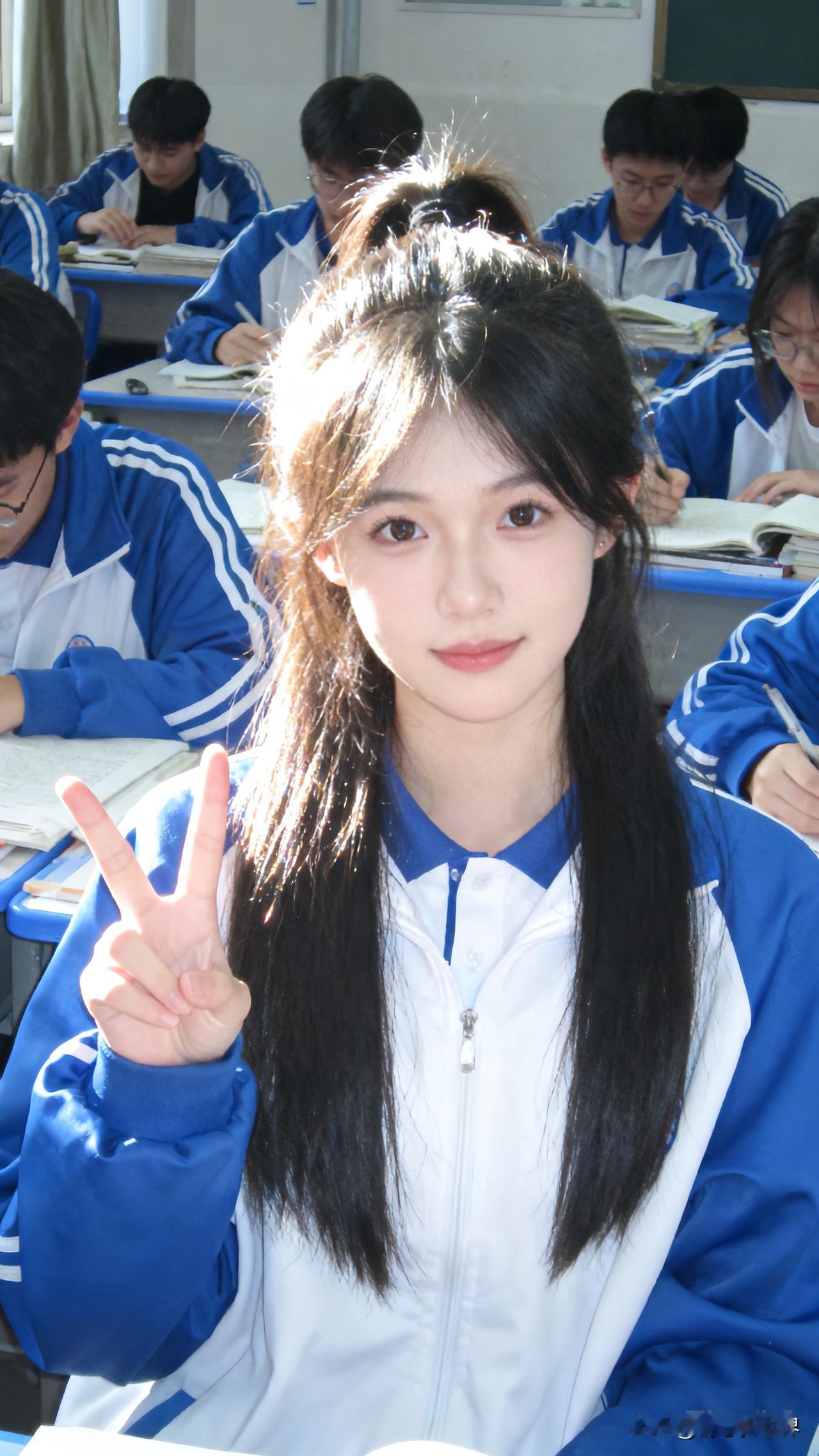 课间时光，元气少女比出胜利手势😊📚✨手比心挑战 少女手势