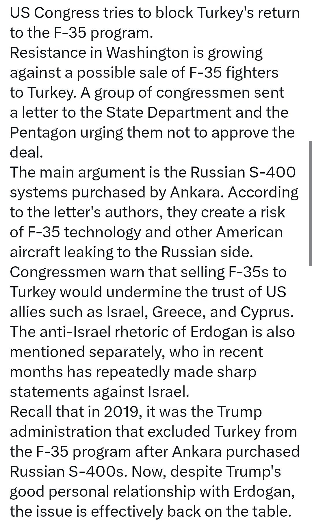 美国国会试图阻止土耳其重返F-35项目。
华盛顿反对向土耳其出售F-35战斗机的