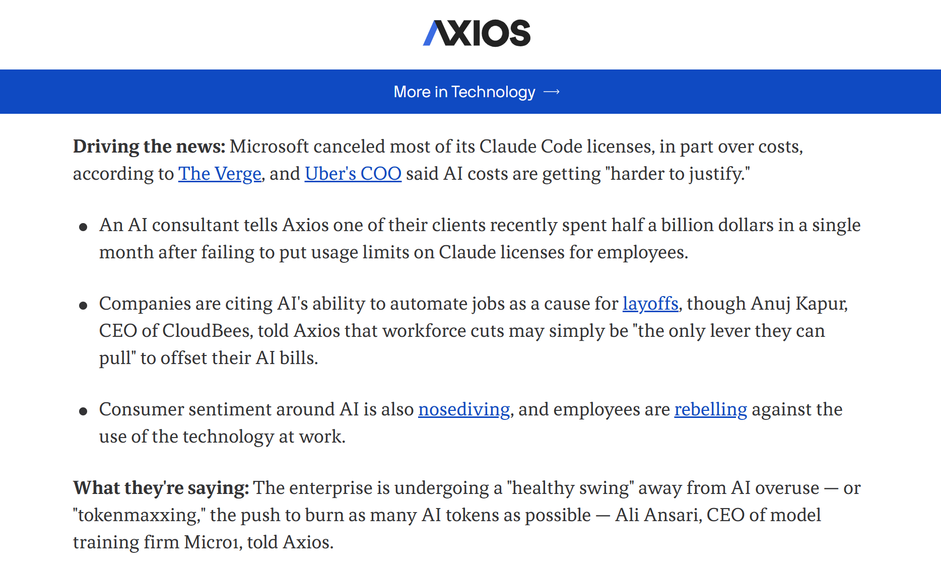 据『Axios』的最新报道：一位 AI 顾问说自己的客户曾在一个月内意外花费了 