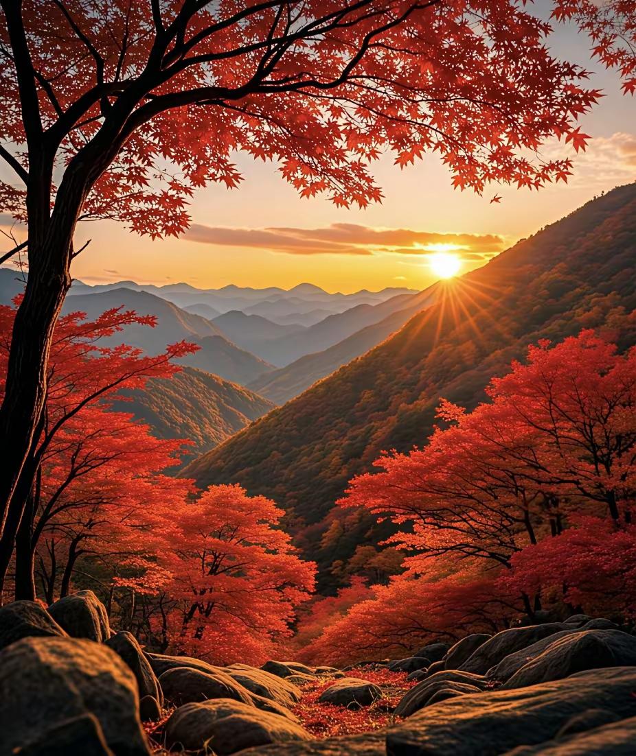 秋日暖阳洒满山间，枫叶如火，美不胜收！🍂🌄