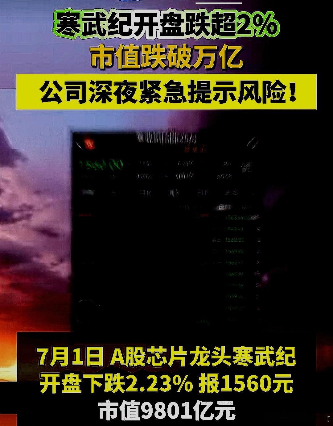 A股寒武纪开盘跌超2%，市值跌破万亿，公司深夜紧提示风险 