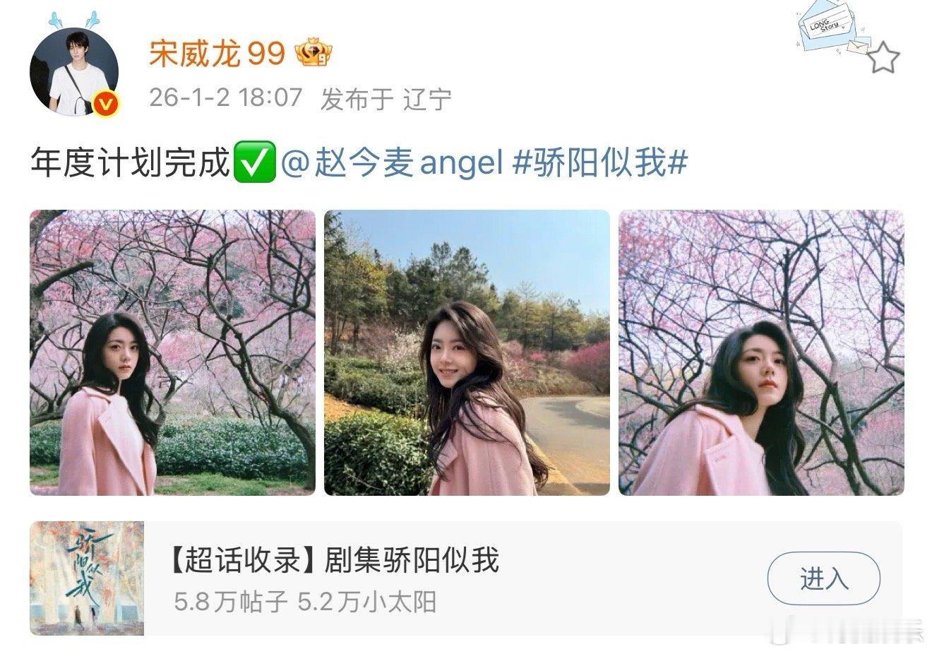 骄阳似我年度计划复盘会 宋威龙 年度计划完成 微博发了年度计划完成✅今天的糖份超