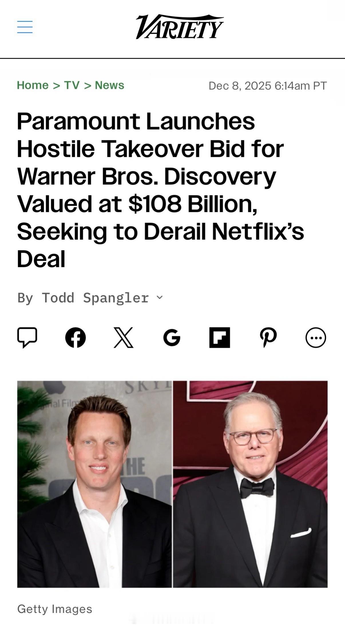 派拉蒙试图恶意收购华纳兄弟，阻止网飞Netflix的收购交易。前几天网飞刚宣布收