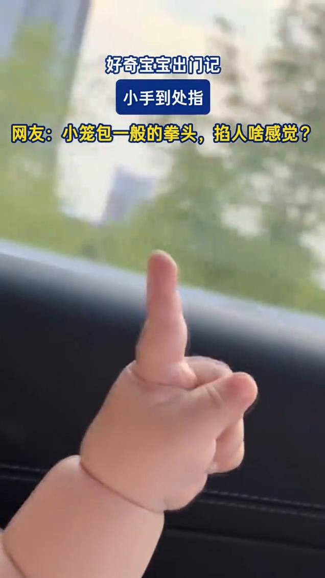 好奇宝宝出门记。
小手到处指。网友：小笼包一般的拳头，掐人啥感觉？