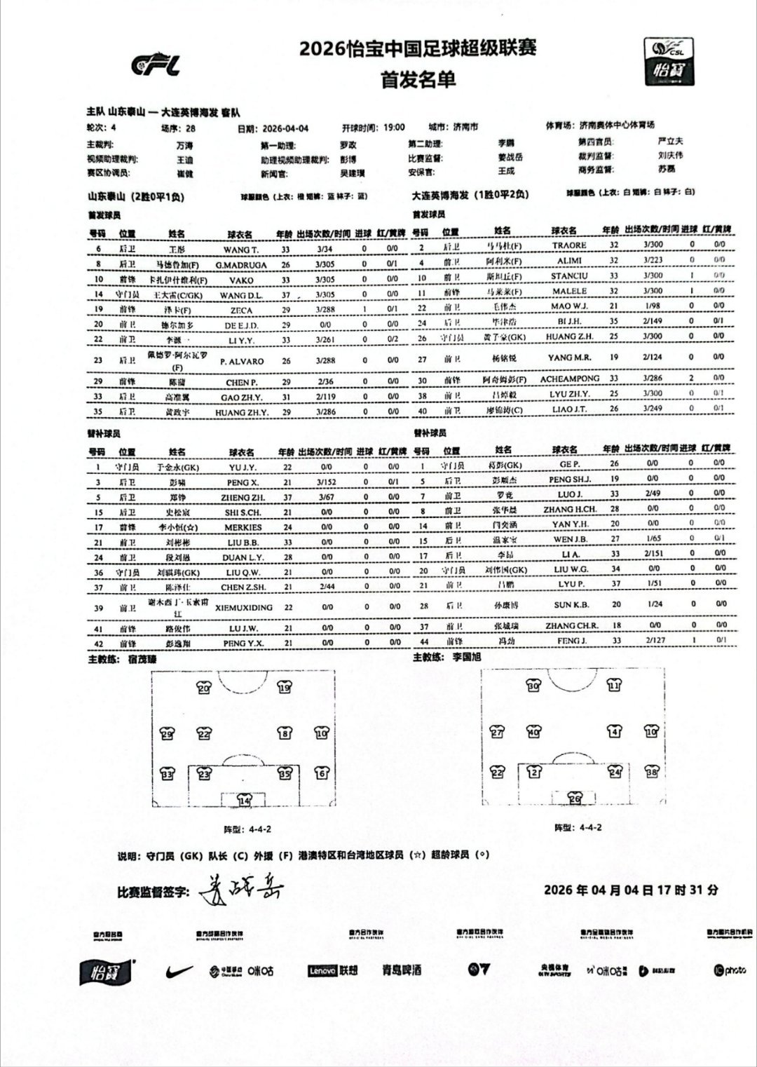 山东泰山vs大连英博首发名单山东泰山vs大连英博山东泰山